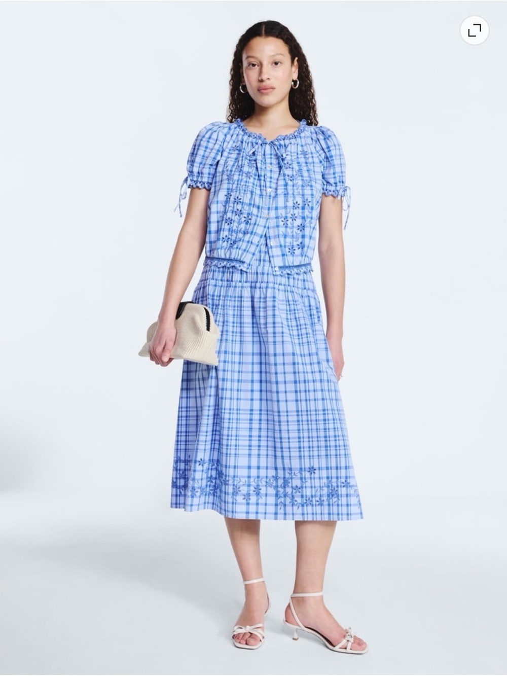 Free Assembly Smocked Blue & White Plaid Maxi Skirt Set - Women’s Small